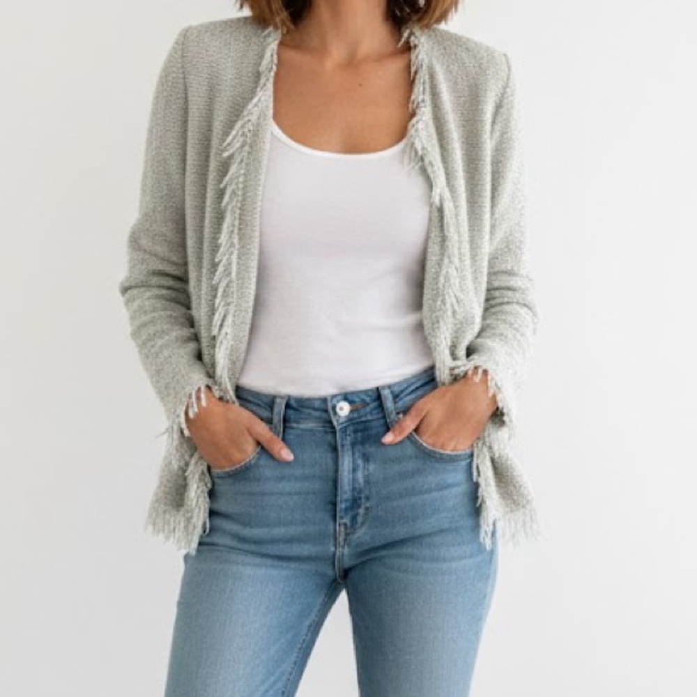 IRO Shavani Mint Green Fringe Open Front Boucle Jacket 8